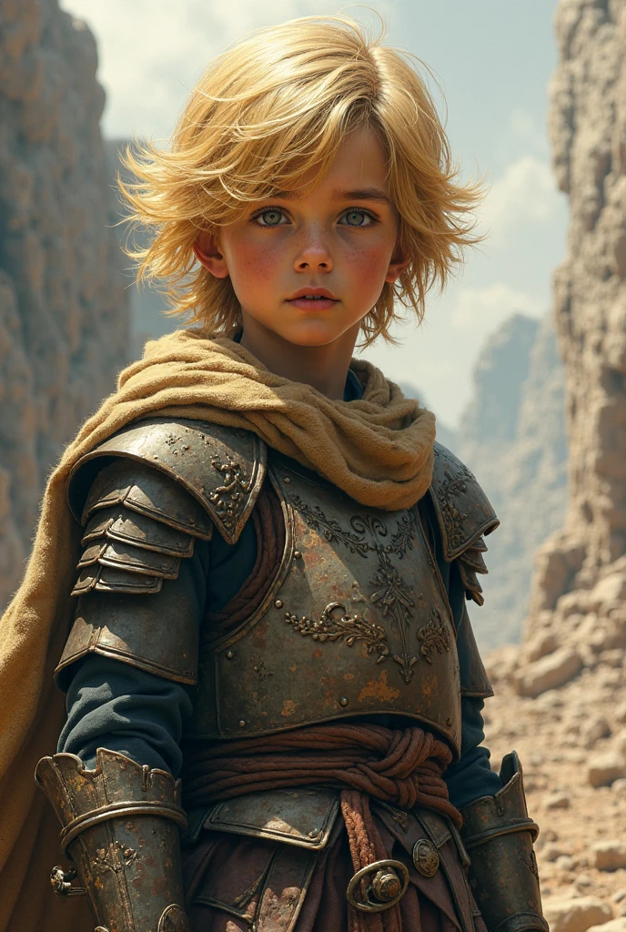 Make an 18 year old teenager.
He has blond hair, greeneyes, goatee and a scar over his left eye.
He is wearing a golden outfit with a lion crest on his chest., holding a sword in his left hand.

Make this same character attack a dragon 