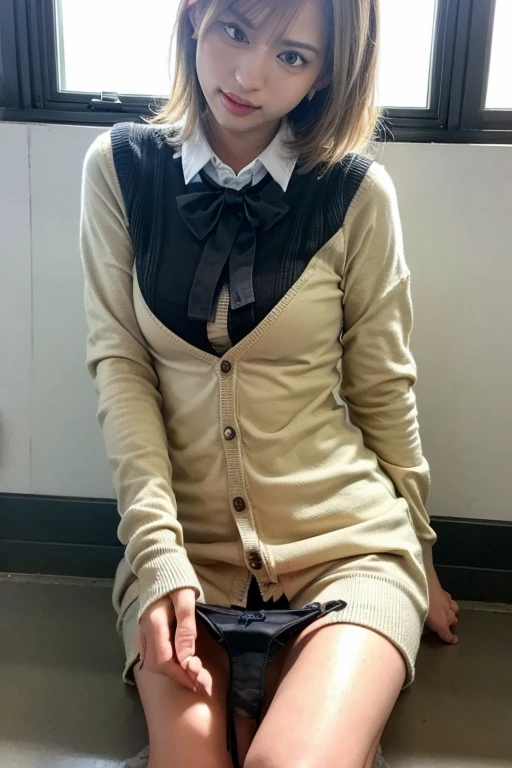 (8K、RAW Photos、Highest quality、masterpiece:1.2)、(Realistic、Photorealistic)、1 Girl、((Check mini skirt、Loafer Uniform、blazer、Small breasts、classroom、I sat on a chair、Viewed from the front、Spread your legs、White silk panties))、Lots of eyelashes、Add shine to your eyelids、skeletally correct、Show off your panties、Open your legs to the side、Panty Shot、sexy、(Panties close up:1.4)、Skirt Lift、Lift up the skirt、I can see her pant(M-shaped legs))、Black gal