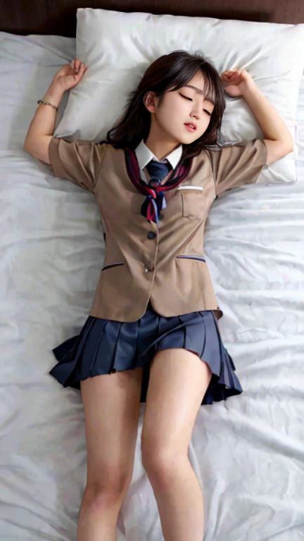 (((sexy panties:1.2)))、(((Spread your legs wide:1.9)))、Very young and slim girl, Full Height, round face, Very long, messy dark brown hair, Big brown eyes, A shy smile, Perfect flat chest, Put a band on your head、Wear fake cat ears, Sasha Grey, Pioneer neckerchief, A short, tight blue pleated skirt, bangs, tight white shirt, Short sleeve, Collared shirt, belt, Red neckerchief, Chest pocket, White wall