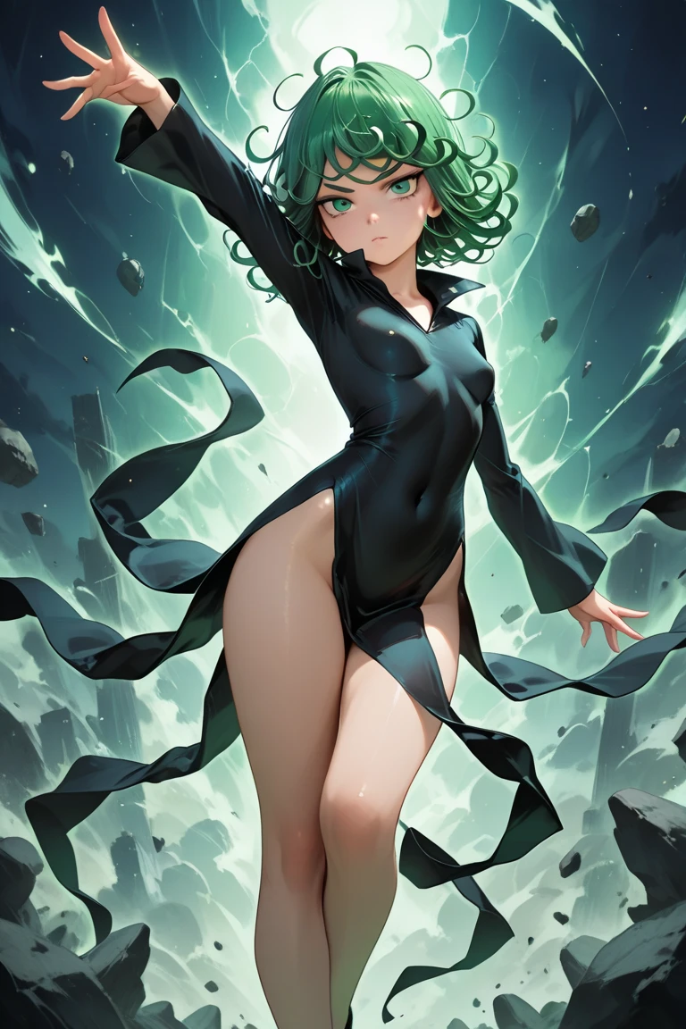 girl, tatsumaki, one-punch man, black clothes, aura, floating, floating rock, telekinesis, cinematic angle, realism, detailed background, best quality, masterpiece, very aesthetic, perfect composition, intricate details, ultra-detailed, Animagine