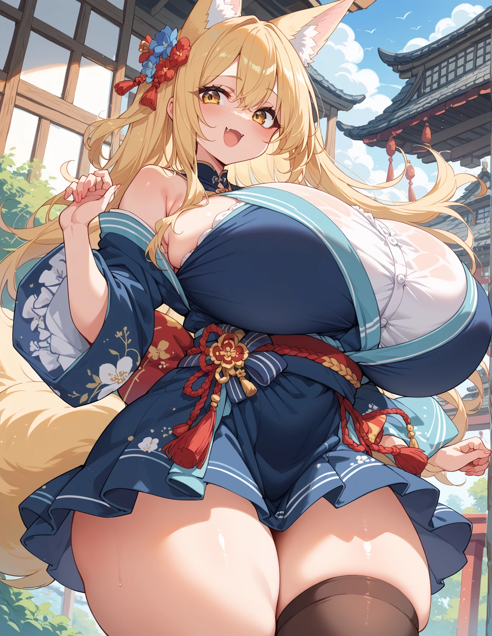 A portrait of a radiant adult woman with a warm smile directed at the viewer, she have nine [long | fluffy] vulpine tails, Her long blonde hair is straight(frensh braid)(hair red flower)((hime cut)),"Her hairs are hidding her ears", Her eyebrows are small and refined, captivating purplish-blue eyes with bold red eyeshadow applied generously at the bottom of her eyes, Her facial features are delicate and finely shaped with a small refined nose and full lips, large and tall fluffy fox ears in vibrant orange with black tips, no clevage, Woman body set big breasts((accentuated large hips)), perfect body, She wears a wide traditional blue yukata adorned with intricate floral patterns(blue yukata),the background features a vibrant Chinese New Year celebration, lanterns, fireworks, traditional decorations, beautiful scenery,(Masterpiece, best quality, ultra-detailed),8k ultra-detailed features
