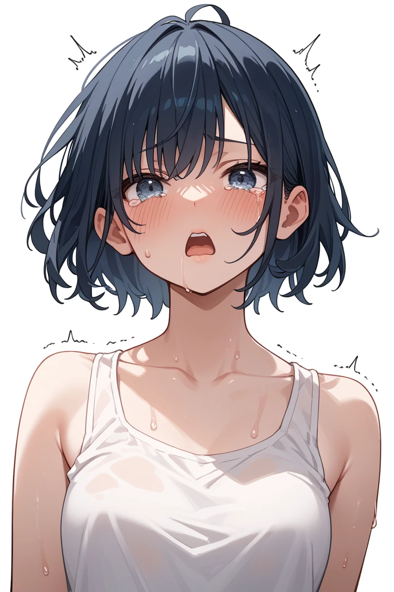 A girl with short black hair, a big blue ribbon headband, and big breasts Ahegao face with teary eyes Squirting OL