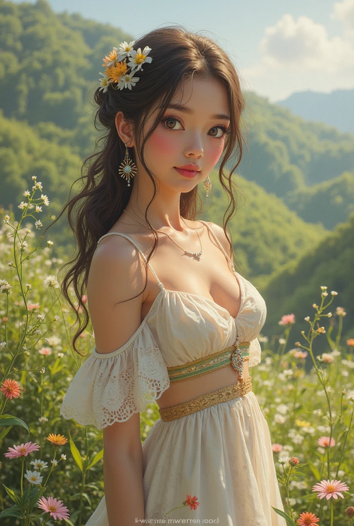 (masterpiece, best quality, high resolution:1.2), (photorealistic:1.2), (intricate and beautiful:1.2), (detailed light:1.2), (soft lighting), (colorful, dynamic angle), upper body shot, fashion photography, 1girl, beautiful young girl, ring earrings, wide hips, perfect face, long hair with thick braids, perfect body, wearing lingerie, confident and alluring pose, exuding sensuality and charm, ultra detailed, photo realistic, hyper realism, realistic, standing, a field of wildflowers