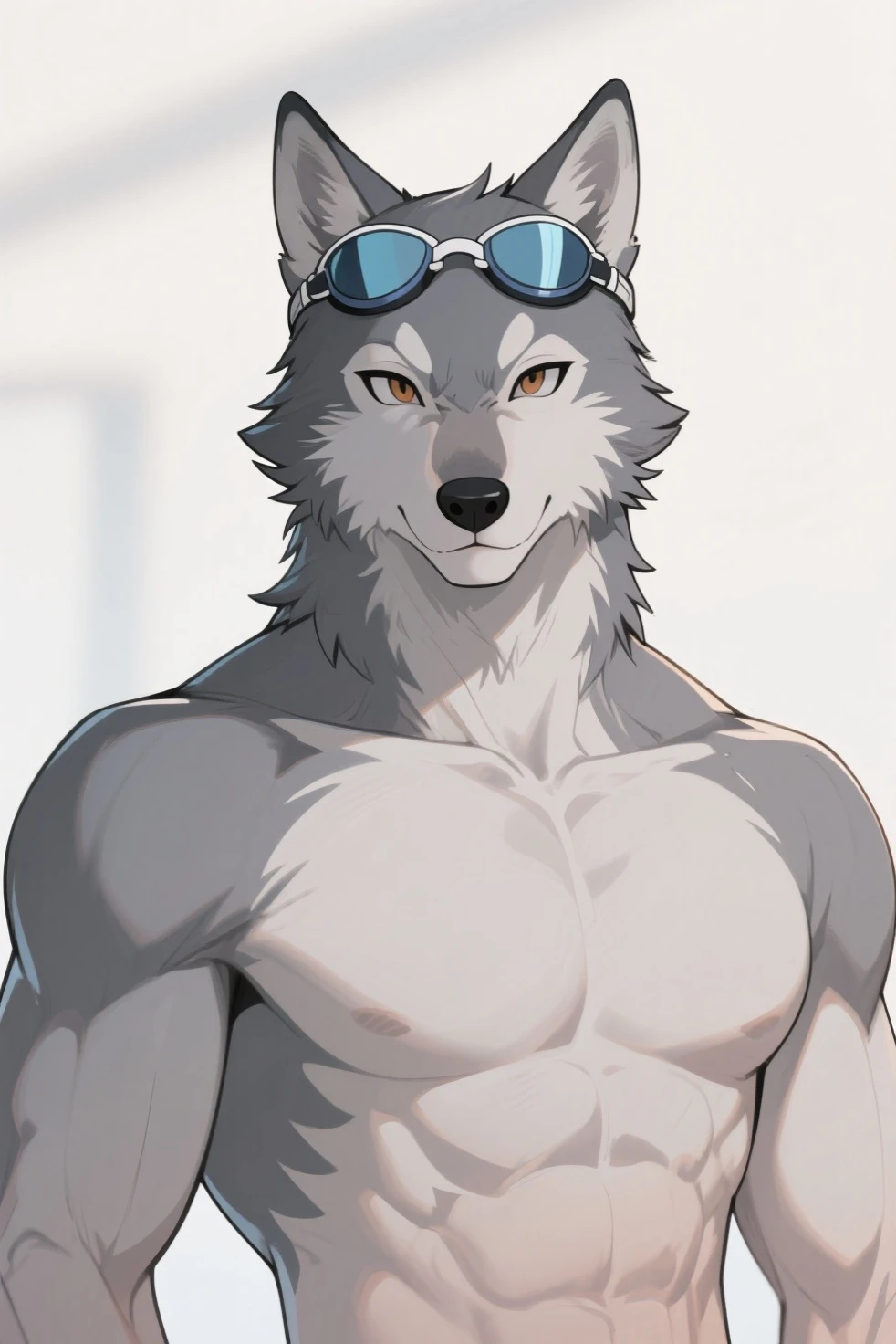 (masterpiece, 4K, ultra detailed), wolf furry, black fur, white belly fur, masculine, outside, lake, sunny, athletic, teenage, shirtless, red swim trunks, cartoony, anime, close view, blue anime eyes