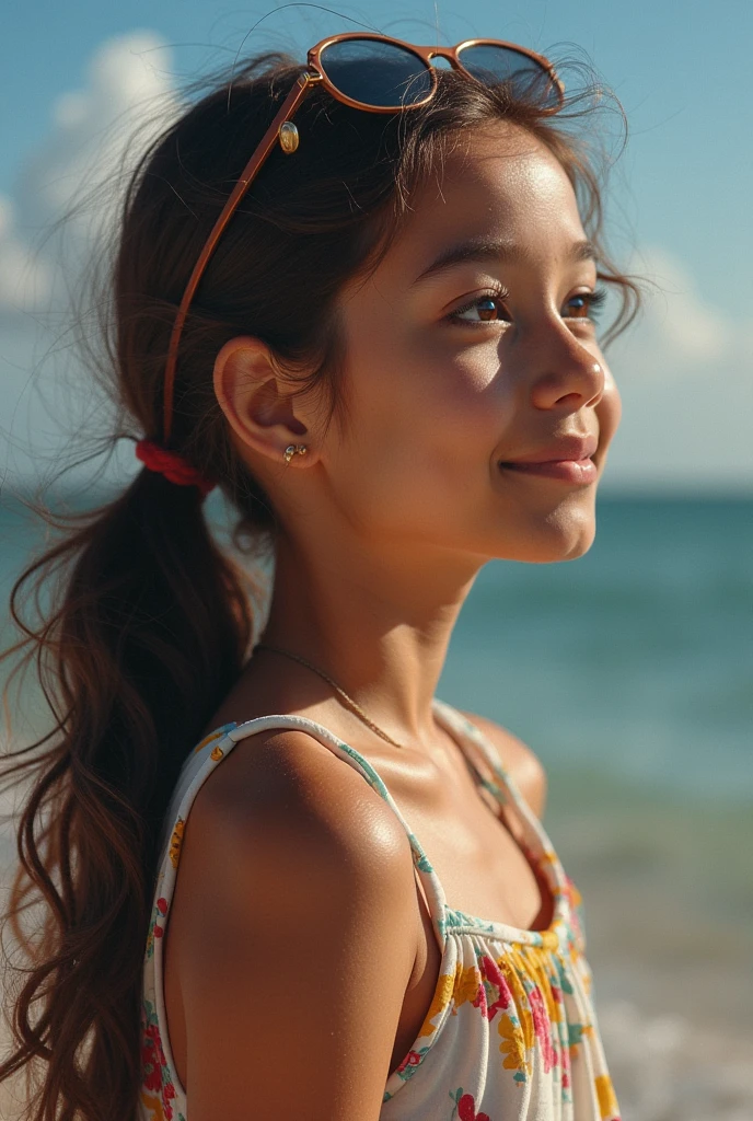 a girl child, playing on a beach, anime style, long brown hair, realistic young child