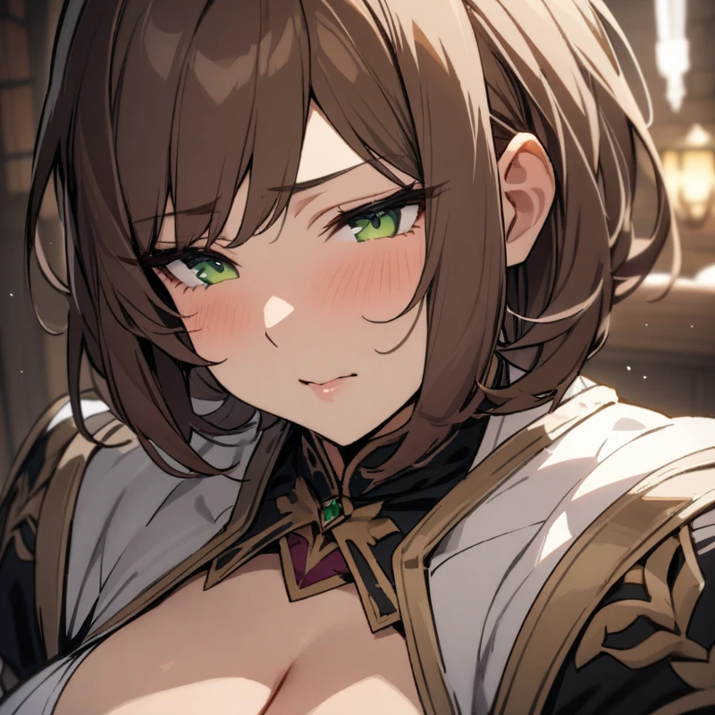 (masterpiece, top quality, very aesthetic, 4k、illustration), ()、intricate detail, 1woman,solo,contrapposto 、(gradient eyes、tareme)、very short hair、asymmetrical bangs,Fair skin,(upper body)、beautiful women、Cleavage、clear face、(),beautiful face、(gradient hair)、(brown hair)、sidelock ,,green eyes、Knightarmor、medium breasts、slender 、