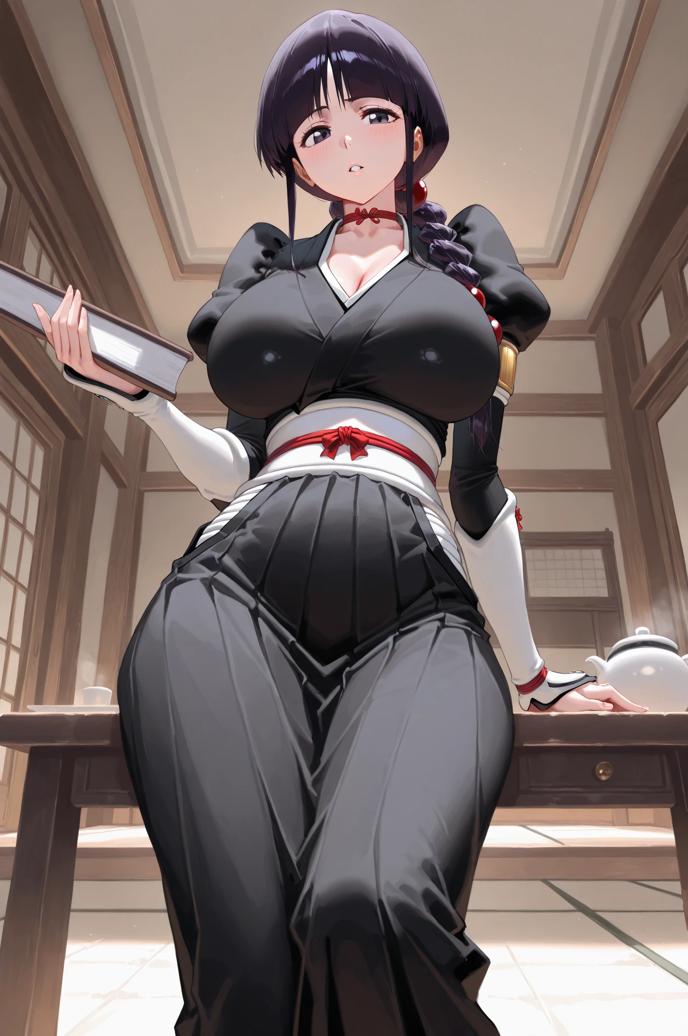 Cleopatra with extreme muscular body, gigantic muscular arms, gigantic muscular tights, geisha outfit, fair skin, black hair with ponytail and gigantic breasts.