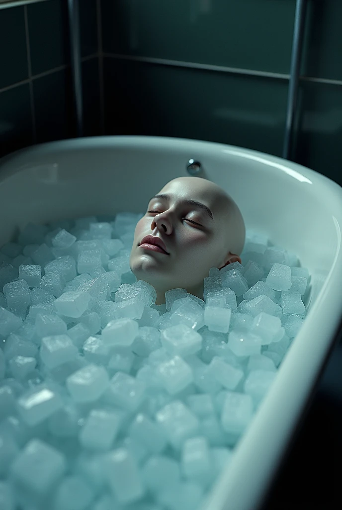 Close-up view, an unconscious woman in a freezer, naked, mouth wide open, condensation, ice, small breasts, skinny and bald, lifeless, sweet young girl, stiff, eyes tightly closed, frosty skin