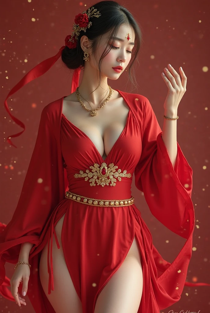 art depicts an attractive woman,flowing clothes、silky traditional oriental dress,Decorated with intricate patterns and bright colors。Her dress was gracefully draped over her curvaceous figure,Highlights her enchanting silhouette。She stood gracefully in the quiet moonlit night,illuminated by the soft moonlight。The scenery creates a fantastic and dream-like atmosphere.,For image styles、Incorporates watercolor and digital illustration techniques,Evoking sophisticated beauty and charm。The light is filled with soft moonlight,Casts soft highlights and shadows on her attractive features。