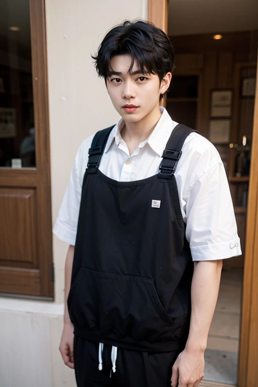 1boy, short black hair, black eyes, smiling lips, wearing an orange polo shirt, brown shorts, white shoes, and a dark blue backpack, highly detailed,high budget,masterpiece,best quality,perfect anatomy,very aesthetic,8k,