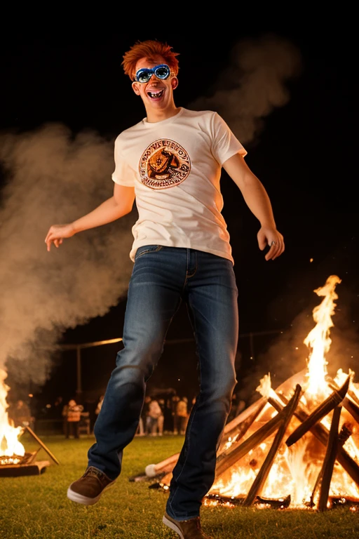 (masterpiece), 28yo boy average guy, (desperate, dancing at a campfire party),
