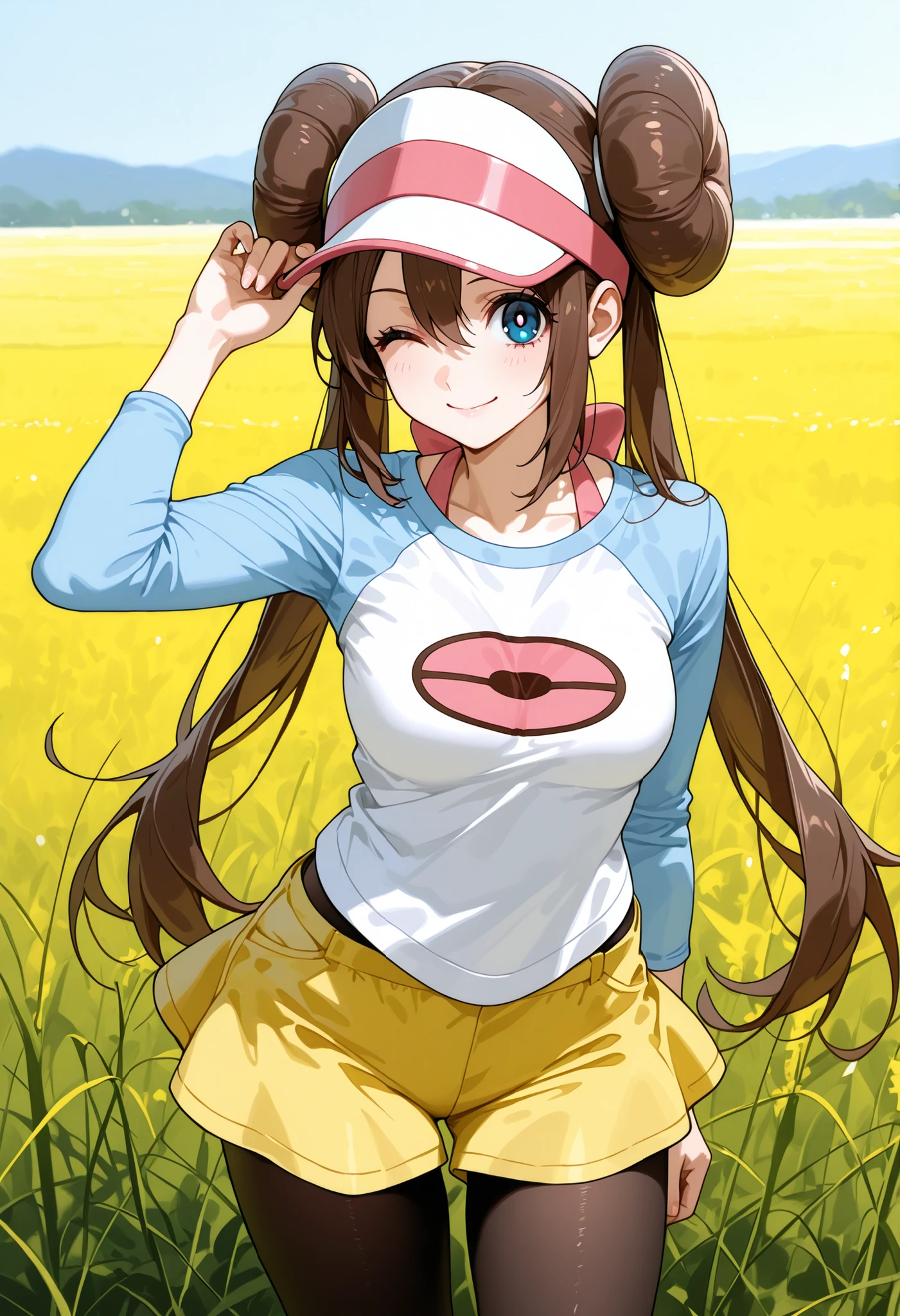 score_9, score_8_up, score_7_up, nh, hat tip, hand on headwear, adjusting headwear, tipping_hat, wink, 1girl, solo, outdoors, rosa, smile, charming, brown hair, double bun, doughnut hair bun, hair bun, blue eyes, hair between eyes, twintails, pantyhose, pantyhose under shorts, raglan sleeves, yellow shorts, white shirt, blue sleeves, long sleeves, visor cap, looking at viewer, cowboy shot, field