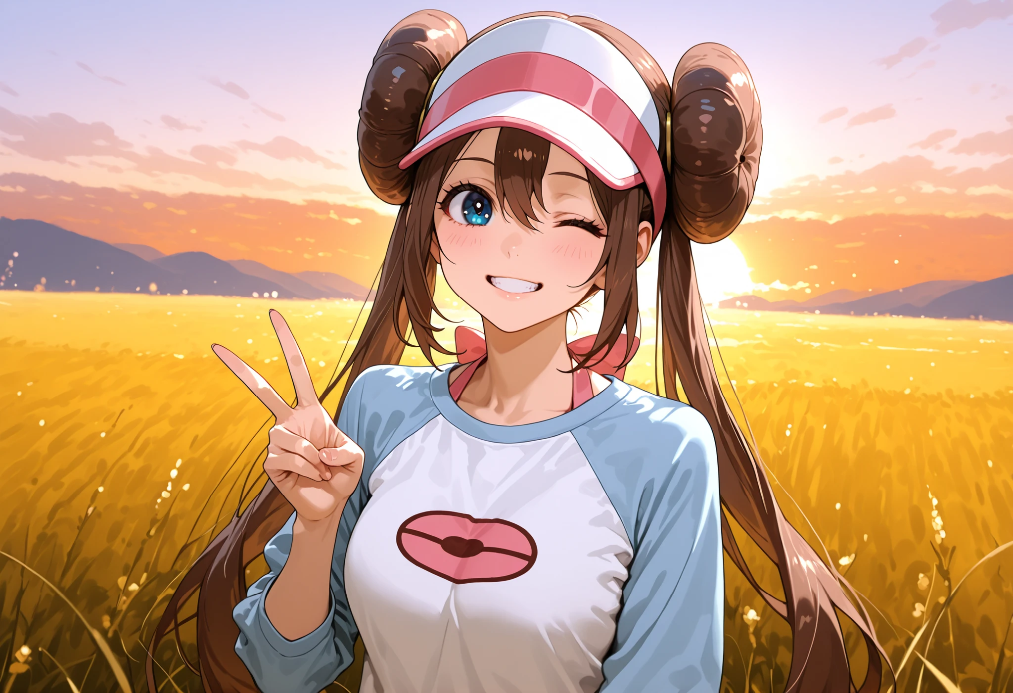 score_9, score_8_up, score_7_up, nh, v gesture, v, 1girl, solo, outdoors, rosa, wink, smile, teeth, brown hair, double bun, doughnut hair bun, hair bun, blue eyes, hair between eyes, twintails, raglan sleeves, white shirt, blue sleeves, long sleeves, visor cap, looking at viewer, upper body, field, sunset