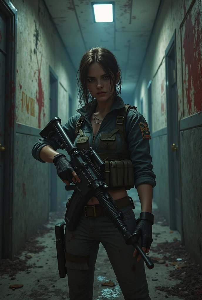 Realistic monalisa shooting zombies from resindent evil in apocalyptic scenario --auto --s2