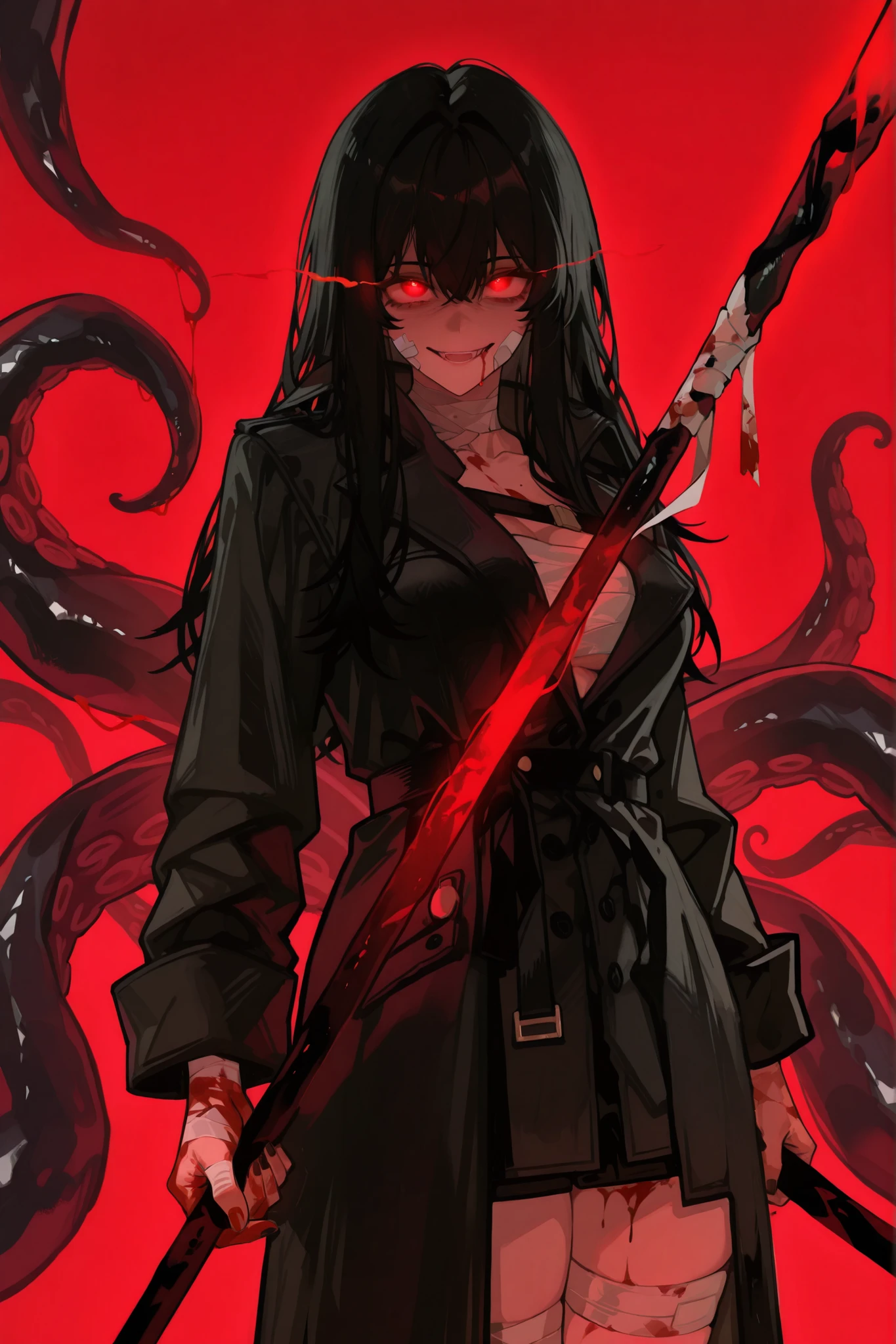 womanhood,25 years old,black hair,, red glowing eyes,black trench coat,crazy expression,Blood on the body,Bandage your hands,to hold a huge stick,Facing me,and connect the tentacles, no background