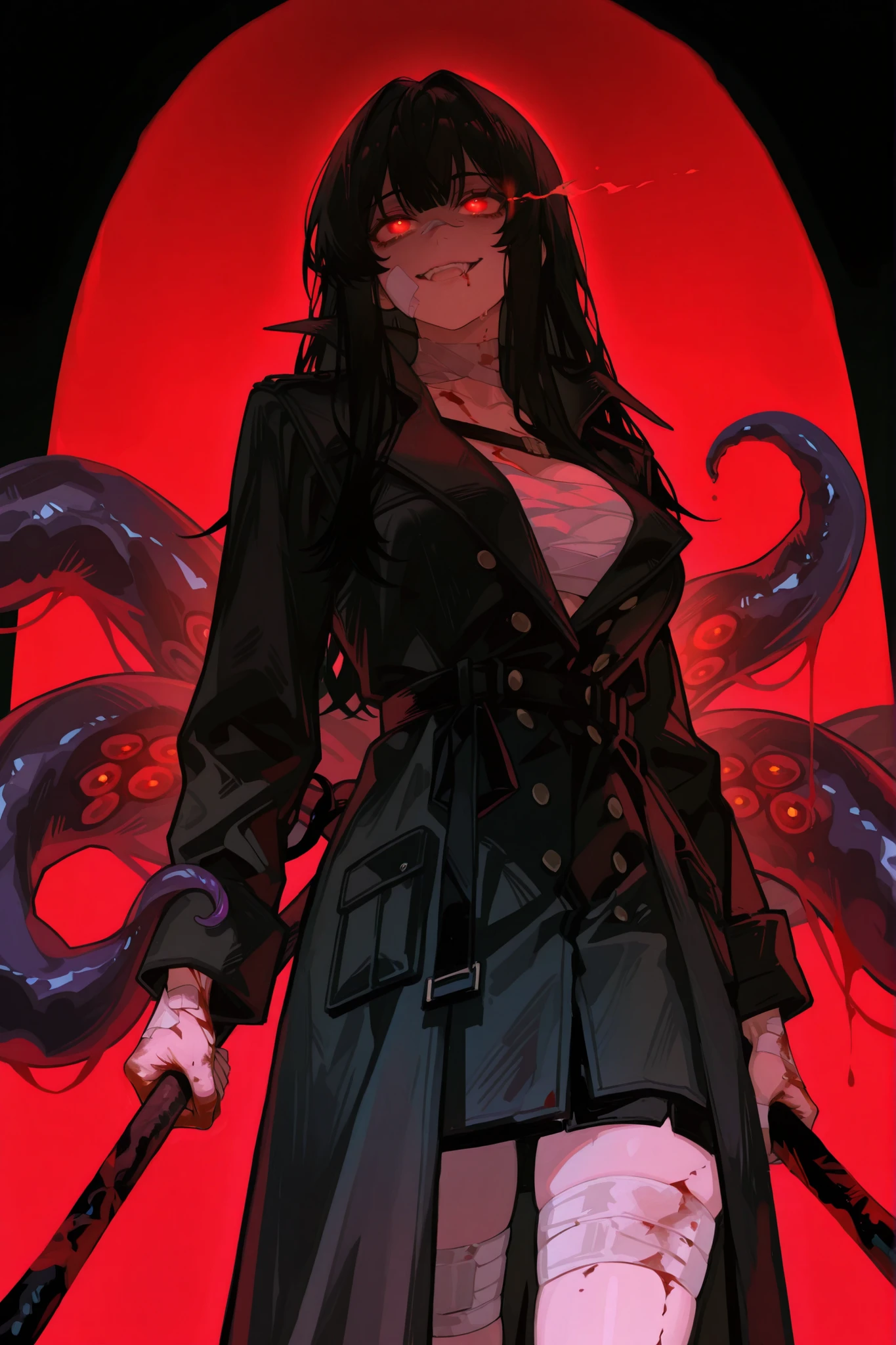 womanhood,25 years old,black hair,, red glowing eyes,black trench coat,crazy expression,Blood on the body,Bandage your hands,to hold a huge stick,Facing me,and connect the tentacles, no background