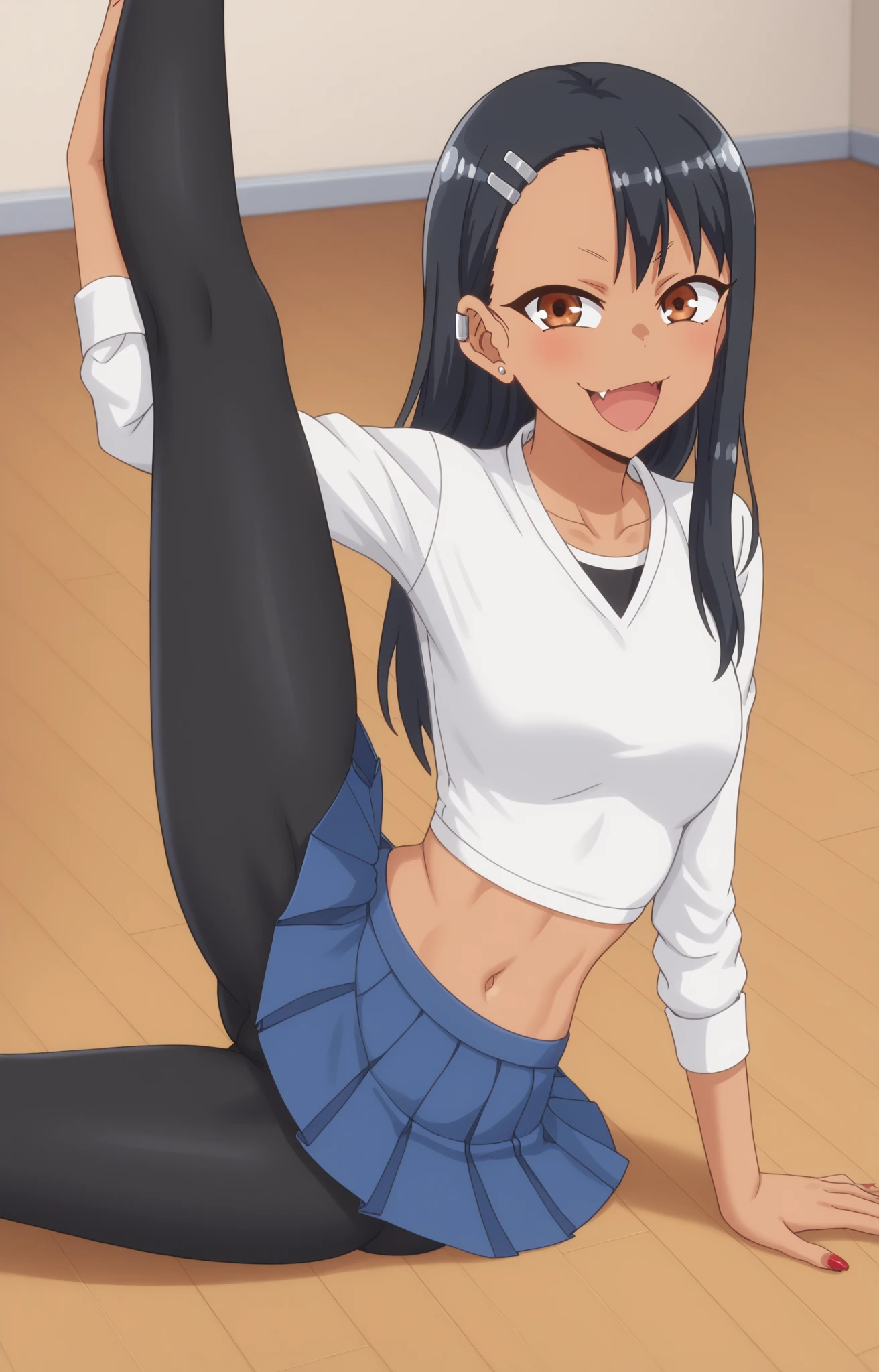 <lora:Mogami:1> MogamiDef, black hair, long hair, blush, bangs, blue eyes, sidelocks, blunt bangs, looking at viewer, simple background, solo, 1girl, white background, leggings, smile, (camisole:1.2), black camisole, collarbone, covered, bare shoulders, cleavage, open mouth, cowboy shot, cutoffs, standing split, standing on one leg, <lora:standing_split:1>