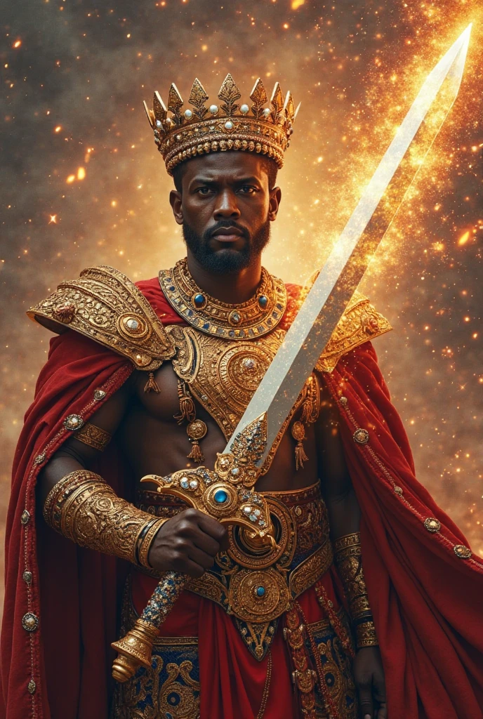 4 African man with golden crown and king&#39;s cape with double axe in hand standing with a tower behind