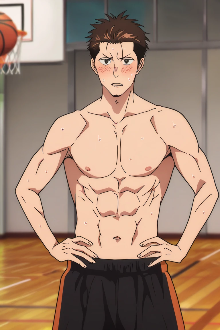Yuji Itadori from Jujutsu Kaisen, wearing black pants, in combat pose, slightly muscular, defined body, shirtless, abs, big legs