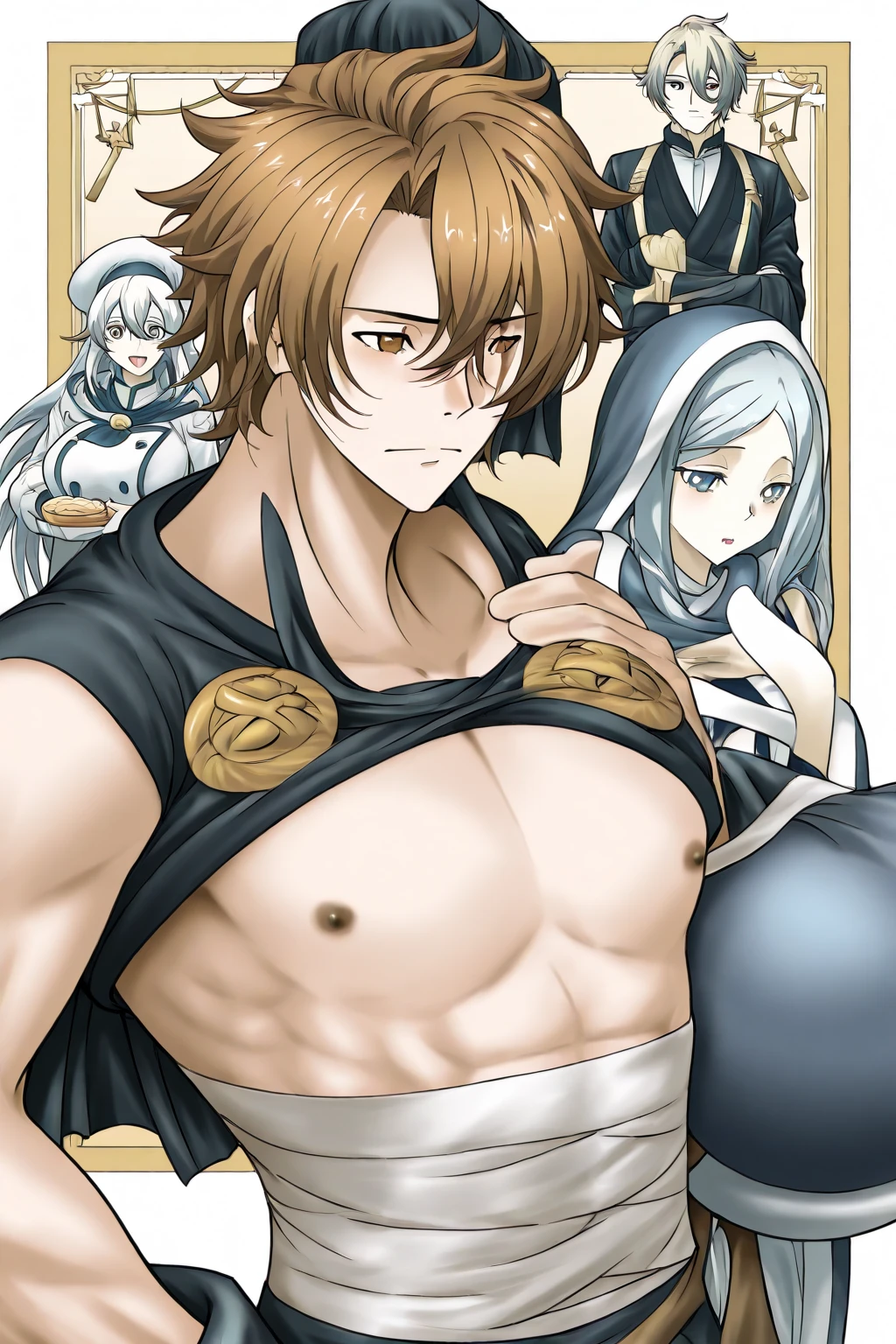 NSFW,detailed facial expressions、blush smile、between legs,big pectoral muscles、huge penis,saliva,tattoo,a handsome guy、grinning