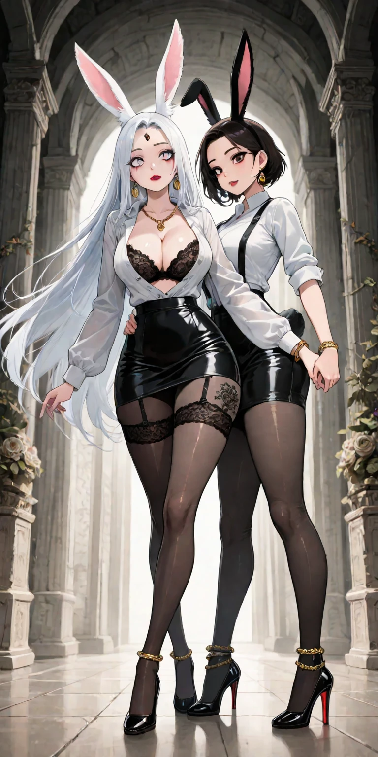off-shoulder,belt,legbelt,mini skirt,choker,high heels,large breasts,deep kiss,hug,