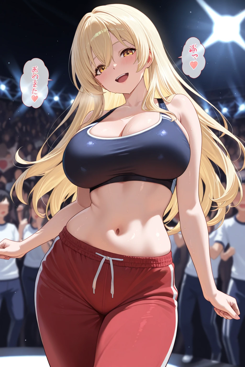 ((top-quality))(Full body like)slightly larger breasts((((Grab your chest with both hands))))She wears a short brown skirt and short socks that cover her hips.。Slightly thick thighs and emphasized thighs、thick and fresh lips (Glossy skin 1.7)Super close-up looking up from below(((Look sexy)))((​masterpiece)、breasts slightly enlarged(1 shiny skin.1.4).(background gymnastics arena、)、(14 year old boyish girl)&#39;Buttocks in the face、((Tight Fit T-Shirt、 Sexy pose with wavy blonde hair、(Various poses)