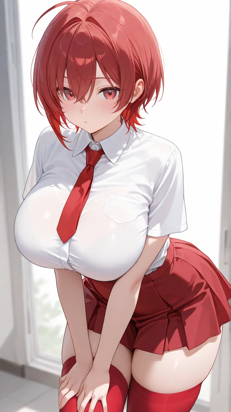 ((Masterpiece)), perfect anatomy, perfect shading, field of depth, (best quality), extremely delicate and beautiful, perfect lighting, detailed face, ultra cute face, cute, (cowboy shot 1.2), full body, (school classroom), (((1girls))), ((solo)) ((blush)), embarrassed, one girl has short orange hair, green eyes, freckles, medium breasts, thick thighs, wide hips, (chubby), arms behind back, white blouse, tie, (red pleaded skirt),