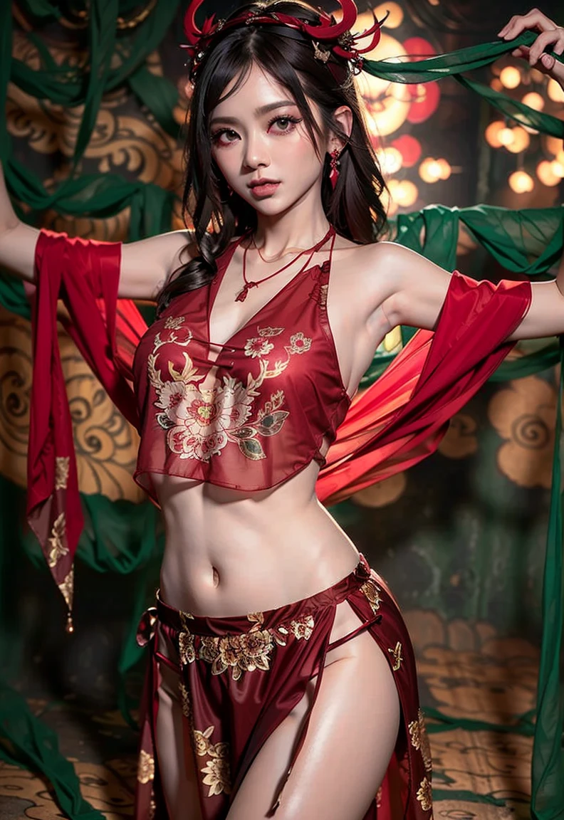 official art, unified 8k wallpaper, super detailed, Beautiful and beautiful, masterpiece, best quality, (Zentangle, controversy, twist), (fractal art: 1.4), (role center: 1.3), 2 girls, black hair, Chinese, Off-the-shoulder style, short skirt, calf, navel, Very detailed, dynamic angle, cowboy shooting, (The most beautiful chaotic form), flowing, (bright colors), oak, (medium breasts), Chinese costume pajamas transparent, , Sexy Lingerie