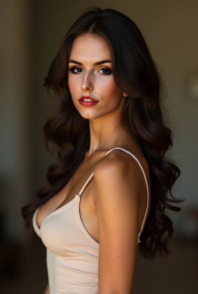kiara advani,1girl, solo, (realistic),(hyperrealism),(best quality),(masterpiece),(ultra high res),(photorealistic),(film grain),(bikini , huge breasts , wide hips , milf),eye makeup,detailed eyes,detailed bedroom , smile ,long straight hair