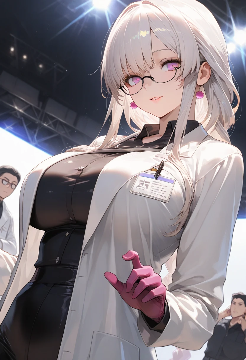 ((Portrait)), She has a Disheveled and Voluptuous Appearance, with Sensual Charm and a Slightly Chubby Build. She Expresses a Tired and Serene Look, Smiling Slightly, Giving Off an Active Attitude. She has Black Eyes, Her Hair is Long and Flowing, Platinum Blonde, Cascading Down Her Back. She Wears a Loose-fitting White Lab Coat, Accentuating Her Figure, with an Open Neckline Amply Emphasizing Her Large Breasts. ((Portrait, HDR, Dark Background))
