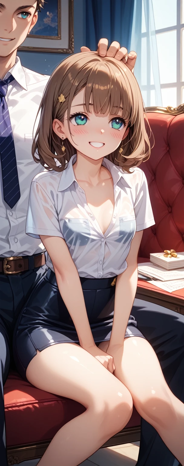 reverse upright straddle, (masterpiece:1.2) , (best quality:1.2) , (ultra-detailed:1.2),1girl sitting on 1boy, sitting, handjob, couple,sex, sex from behind, penis, vaginal, spread legs, m legs, wariza,1boy, 1girl, sex, boyfriends penis touch womans vagina, much cum shot in vagina, Luxury hotel president's office、 blonde short hair。wearing a beige business jacket。Showing bare breasts。nsfw。nude。A regretful look。humiliation。 hand in another's hair , Ultra high definition、master piece,