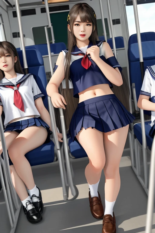 (top-quality、in 8K、32K、​(3girls:1.4), masterpiece、A high resolution、Impresionismo、Photorealsitic:1.2)、Full body, Inside the classroom、((mini skirt)), Evening glow、beauitful face、blurry backround、shinny skin、Beautiful black hair、a sailor suit、Pleated miniskirt、Curve, lying on sofa, (spread legs:1.6), (no panties:1.2)