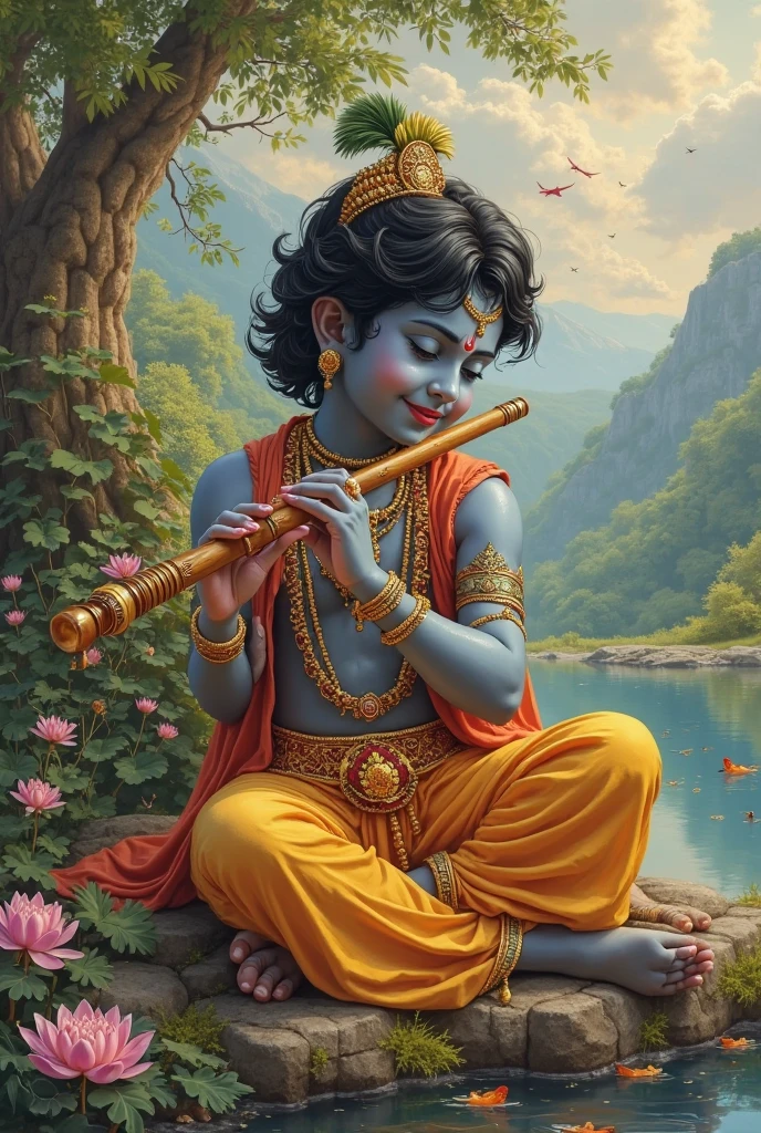 Beautiful kids lord krishna with flute and people prayin sitting in front of him