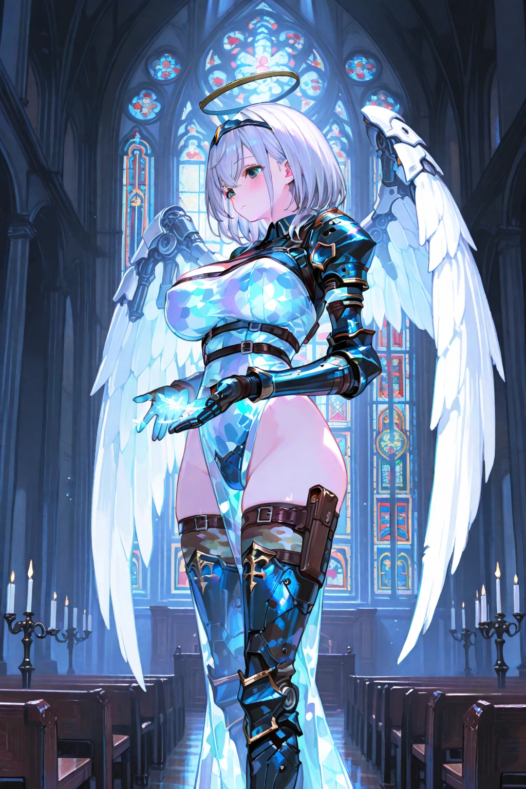 fantasy, 1angel_girl,(young_teen:1.5), ,brown_hair, medium_bob_hair, long_bangs, halo,bare_shoulder,thighhighs,silver_armor, waist_armor, large_breasts,1pair_wings, dynamic_pose_fighting,floating, bare_crotch, headgear,gauntlet, greaves,city_landscape_background,slightly_spread_legs, solo, groin_naked,smile