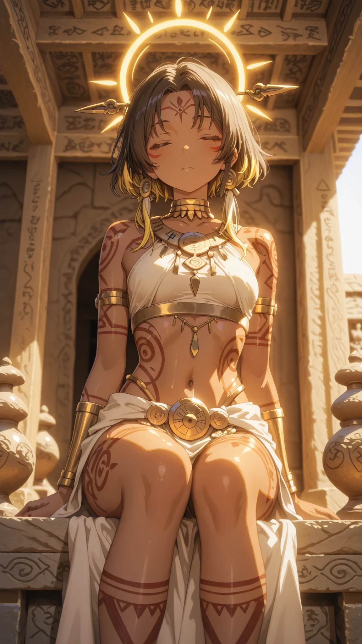((Highest quality)), ((masterpiece)), (detailed), (Perfect Face)、The woman is a beautiful native African tribal woman.で綺麗で豪華な花嫁のアクセサリーで装飾されて部族の逞しい男と情熱的に抱き合い深く誓いのキスをして深く愛し合い部族の広場で結婚式を挙げて妻として男に尽くし生涯添い遂げる部族繁栄のために夫との子供を産み続ける事を部族の精霊に誓う、The woman is Yuuki Asuna, a black woman with pitch black skin and naturally curly, light brown hair that is very short and naturally curly, and swept back in a tribal hairstyle with little volume. She is an African black woman with tribal makeup, black nipples, and beautiful tattoos all over her body. Her tribal costume is a nude woman who does not cover her breasts.、The woman was a complete African native nude tribeswoman, and had become a nude tribeswoman in both body and mind.、The woman is a native African woman and a member of the tribe's nude tribe, living happily with her friends.、The woman is a beautiful native African tribal woman.