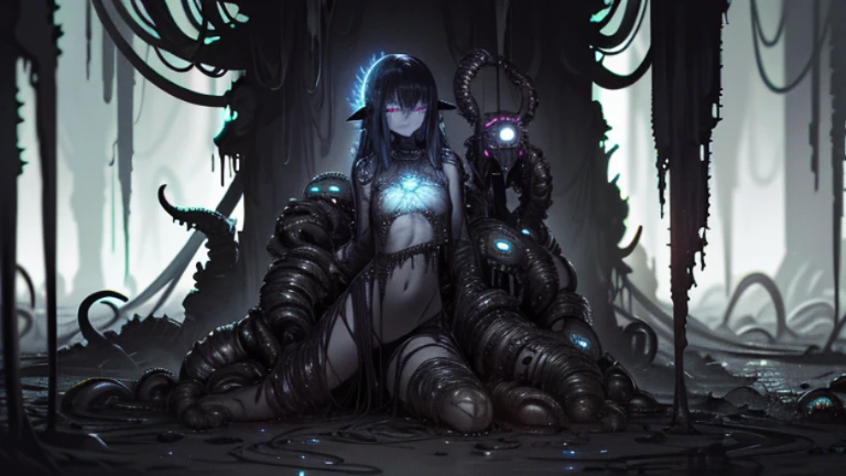 ((dark fantasy art)), beautiful demon girl, long horns, ((black glossy skin)), dark black skin, black skin, ((ash wet skin)), black skin, very long black hair, massive shackles, (hands on belly), (short clothing), open belly, ((dripping oil, oil streams, black oil rain, black oil liquids, black oils, lots of oil, oily liquids)), highly detailed art, extremely detailed background