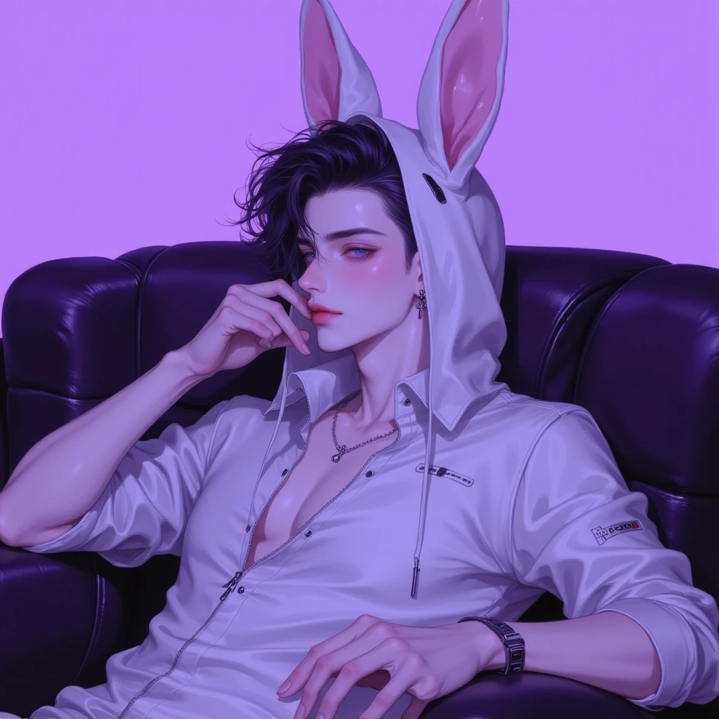 Sexy Man with black wavy hair, Covering your red eyes in a white sexy bunny outfit With bow tie with big thighs in stockings