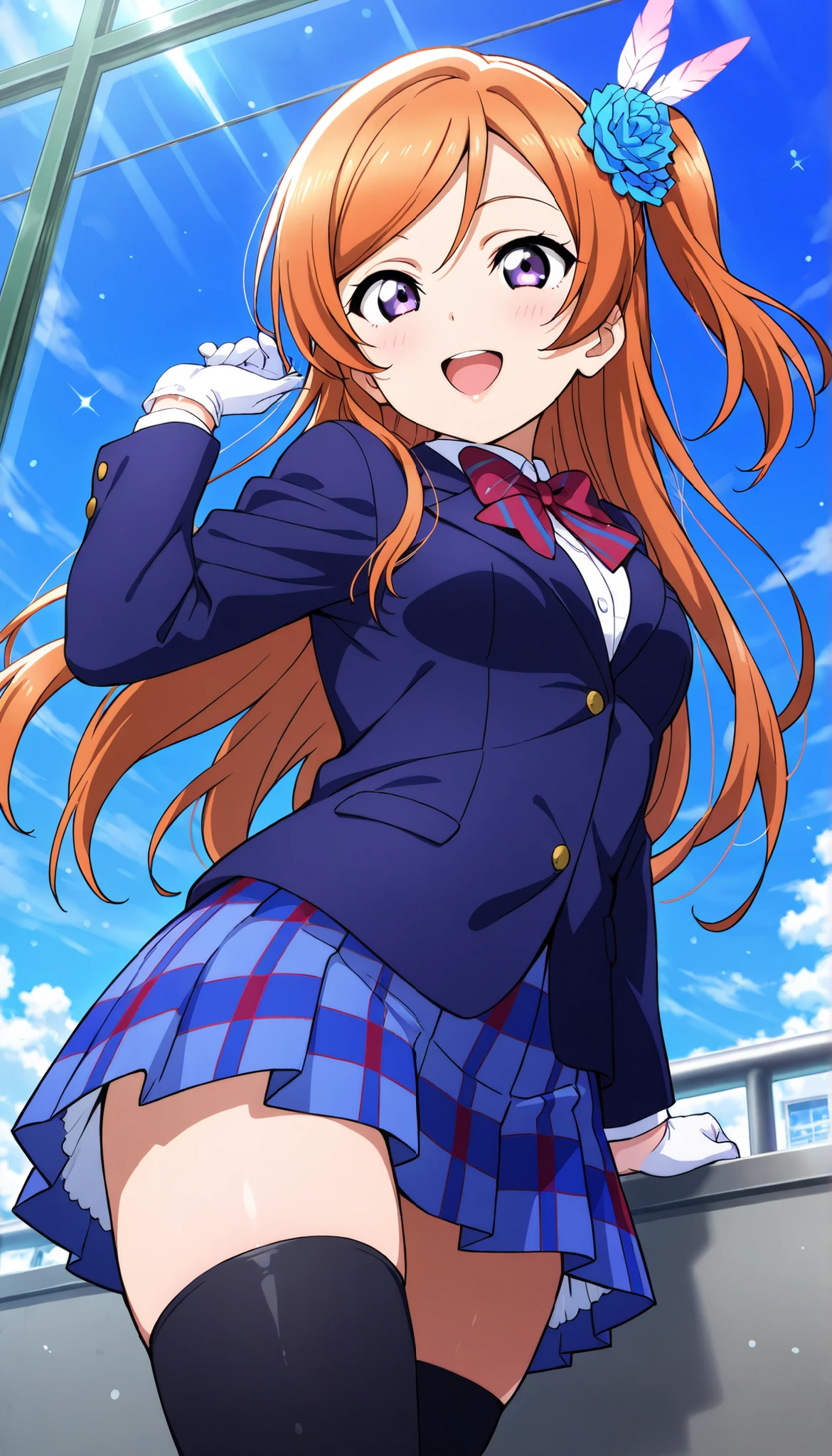 masterpiece, best quality, one side up, feather hair ornament, hair flower, white gloves, legwear, thighhighs, smile,glossy lips, (1girl), (solo), otonokizaka ,winter uniform, red striped bow tie, navy blue blazer, blue striped pleated skirt,from below, BREAK score_9, score_8_up, score_7_up, score_6_up, source_anime ,singing on stage