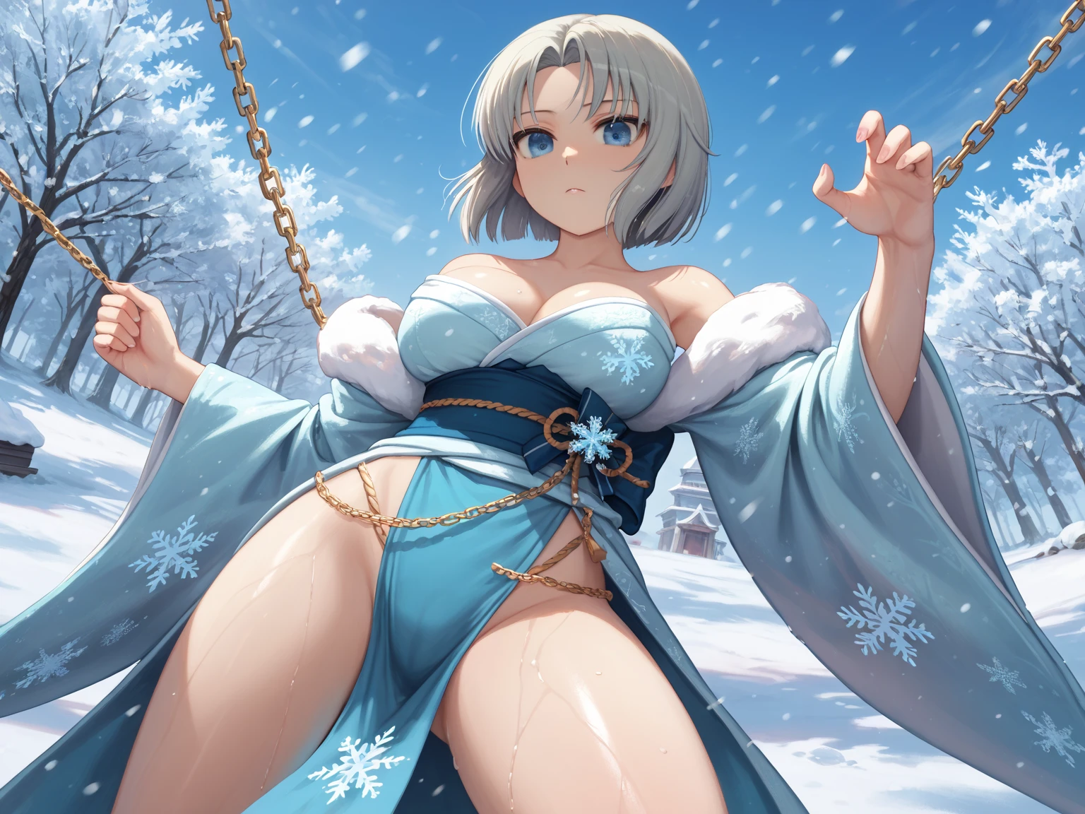 (photorealistic:1.3, highest quality:1.3,8Kmasterpiece, masterpiece:1.3,High resolution,muste piece:1.2),A 23-year-old woman bathed in a hot spring,(white leotard:1.3,choker), Clean wet skin, (looking at the camera:1.2),angle(Photo seen from below:1.3),(short hair:1.2,bright blue hair:1.5), (blushing:1.3,embarrassing:1.1,Smile:1.1), (full of sweat:1.3),Red rope,(rope bondage,Shibari:1.6, chest bondage:1.5),Pause(足を広げた大胆なPause,ダイナミックPause:1.2),background(open-air bath,steam,vapor,snow scene,snow mountain:1.3, sunrise:1.3),(Wet clothes stuck to my skin:1.4),(Nipples visible through clothing),(genitals visible through clothing),(Butt visible through clothes),(slender, abs:1.2),(young skinny gravure idol, sophisticated gravure idol),(detailed perfect face),normal hands:1.5,normal finger:1:5,normal feet:1.5,(cameltoe)