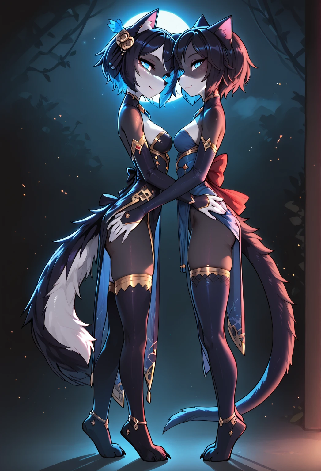 masterpiece, best quality, hyper detailed, 1girl, evil smiling, looking at viewer,long hair, blunt cut,orange hair,highlights sky blue hair,narrow eyes, green eyes,fox ears,nude,tiny,,gothic atmosphere, full body shot,