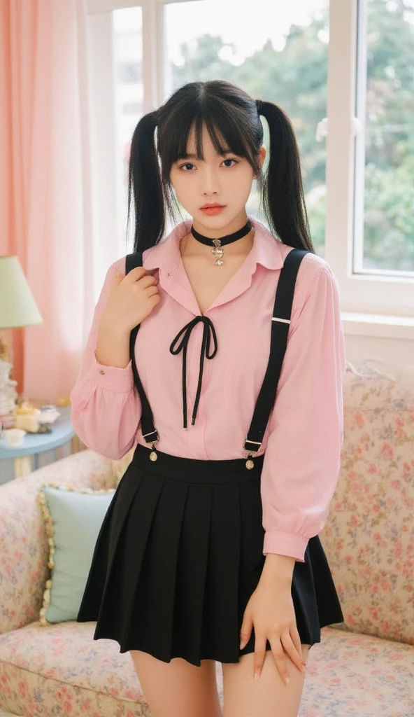 masterpiece、top-quality、8K、(Photorealsitic: 1.4)、ultra-detailliert、hight resolution、finely detail、独奏、The upper part of the body、(real looking skin:1.2)、a beauty girl、sixteen years old、Perfect figure、extremely detailed eye and face、Super dense and beautiful eyes、High-quality and realistic finger reproduction:1.3、A smile、Twin-tailed、Curly hair、(Long sleeve blouse in pink color、a black ribbon)、(Black ruffled skirt)、White wall background