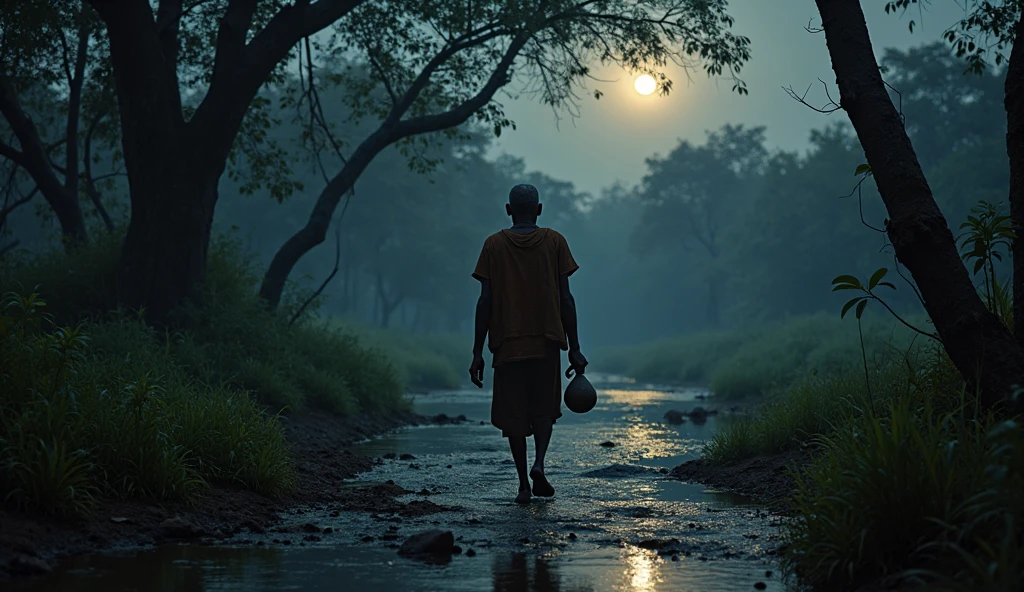 In the stillness of midnight, Vasudev wades through the dark, flowing river, a serene determination on his face. Balancing a tokri, a woven basket, on his head, he carries the newborn Krishna, swathed in pristine white cloth that glows softly against the night's darkness. Above them, the divine serpent Adishesha stretches his many hoods, forming a shimmering, protective canopy that shields them from the rain and chill. The river's gentle ripples catch the faint moonlight, adding a tranquil sparkle to the scene, while the dense foliage on the riverbanks remains shrouded in shadow, creating a sense of sacred secrecy.