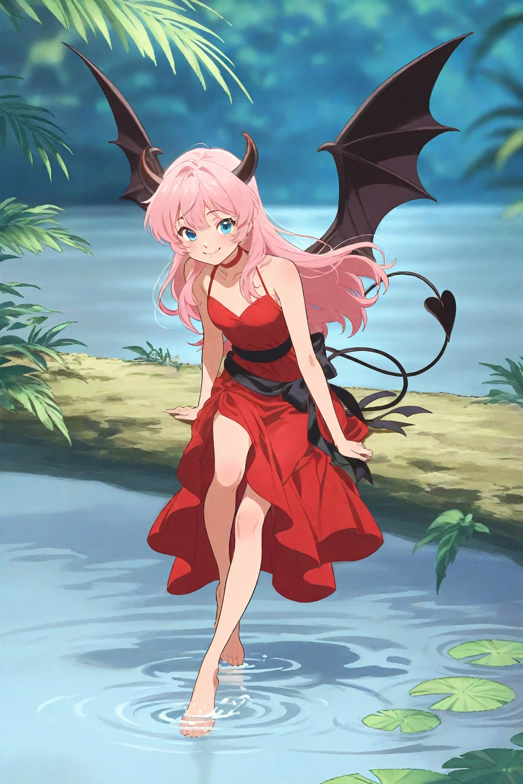 kemonomichi-hanako, swimsuit, short dragon horns, short hair, hair between eyes, pink hair, yellow iris, slit pupils, full body, solo, 1girl, outdoors <lora:kemonomichi-hanako:0.5>