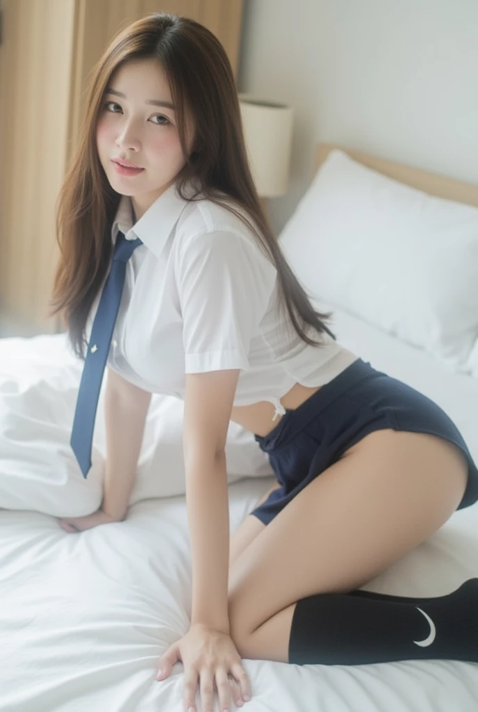 (masutepiece:1.2, top-quality), (Realistic, Photorealistic:1.4),
Looking at Viewer, Full body,
1 girl, Japanese, High School Girl, (Long hair:1.5), blown hair, Bangs, hair between eye, Large breasts:0.8,
Beautiful hair, Beautiful face, Beautiful detailed eyes, Beautiful collarbone, Beautiful body, Beautiful chest, beautiful thigh, Beautiful legs, beautiful fingers beautiful scenery), , School,
((Collared shirt, White shirt, School uniform, Cardigan, Grey plaid pleated skirt、red bowtie))、
Smile, ,masterpiece、top-quality、hight resolution、report、in a house、Undressed、bra very、Side tie T-back、sprawl、From above、Outstretched arms、irate、a bed、Disturbed clothing、Rough breath、Sexual facial expressions、Crab crotch、 (Butt view), Perfect ass、waist - shot、Bend over and stick your ass out and show it、thigh closeup, bottom body close up、Woman showing off her butt underwear illuminated from behind