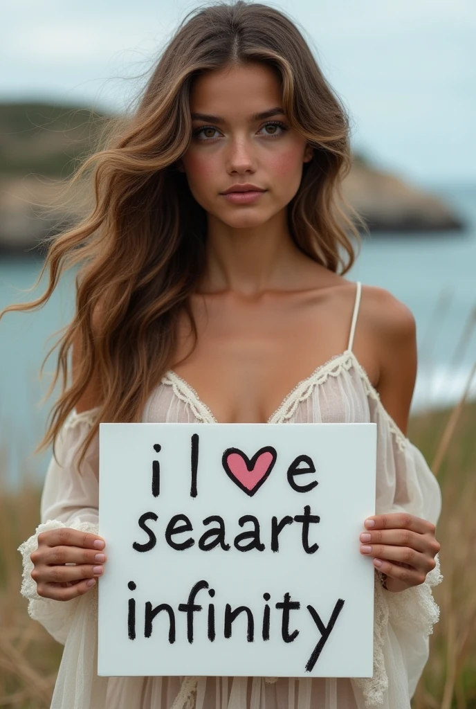 Beautiful girl with wavy long hair, bohemian dress, holding a white board with text "I Love Seaart Infinity" and showing it to the viewer