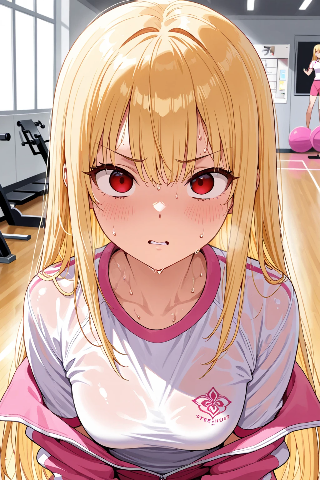 <lora:_sdxl-um-tracenjersey:0.7> red track jacket, tracenJerseyBuruma, red buruma , 1girl, petite . big breast , skindentation, +++
multicolored eyes odd eyes ,
- yellow hair,
long hair ,
folded ponytail,
wavy hair ,
asymmetrical bangs,
hair flaps ,
Blushing,
blush ,
head_tilt
+++, toward the buttocks, looking at another, High Angle, Bounce Light, contrapposto, dynamic pose