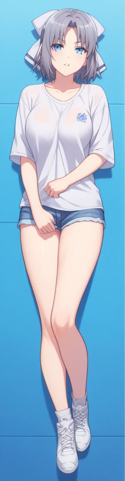 (White background:1.2),1girl,BREAK,blue eyes, cute, Narrow waist, Toned Up, Large Breasts, Bare shoulders, Short dress, blush,Scared,distress,Open your mouth,(white panties:1.3)