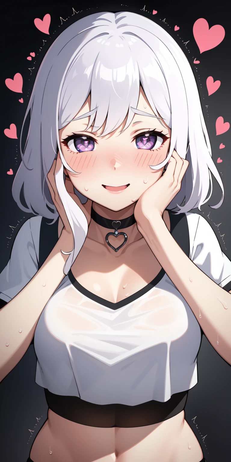 1girl,heart-shaped pupils,fingernails,hands on own face,white hair,purple eyes,(blush:1.1),choker,upper body,trembling,sweat,sweatdrop,heart,(speed lines:1.1),medium breasts, ((heavy breathing:1.3)), love, heart, crop top, happy, smile