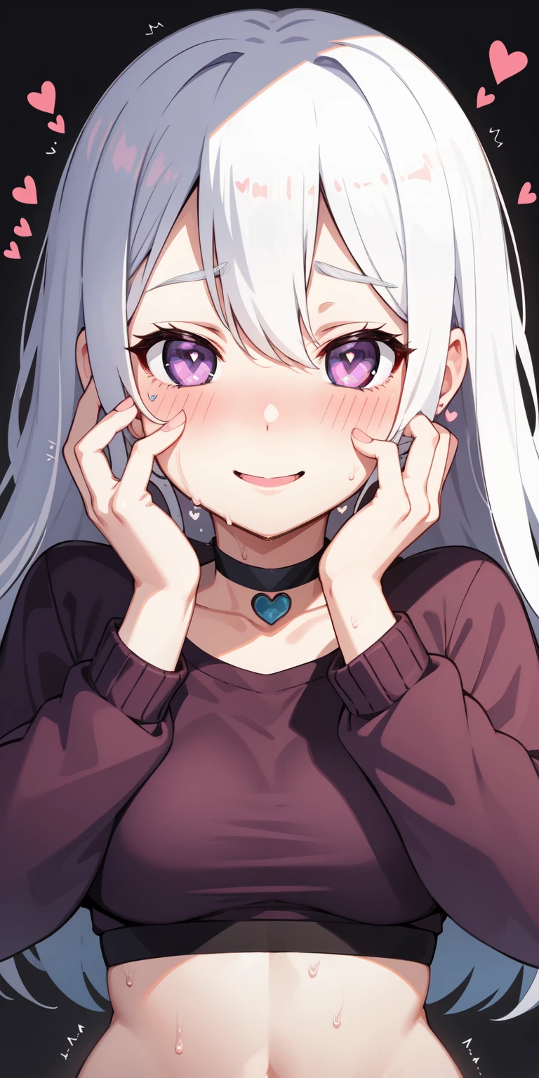 1girl,heart-shaped pupils,fingernails,hands on own face,white hair,purple eyes,(blush:1.1),choker,upper body,trembling,sweat,sweatdrop,heart,(speed lines:1.1),medium breasts, ((heavy breathing:1.3)), love, heart, crop top, happy, smile