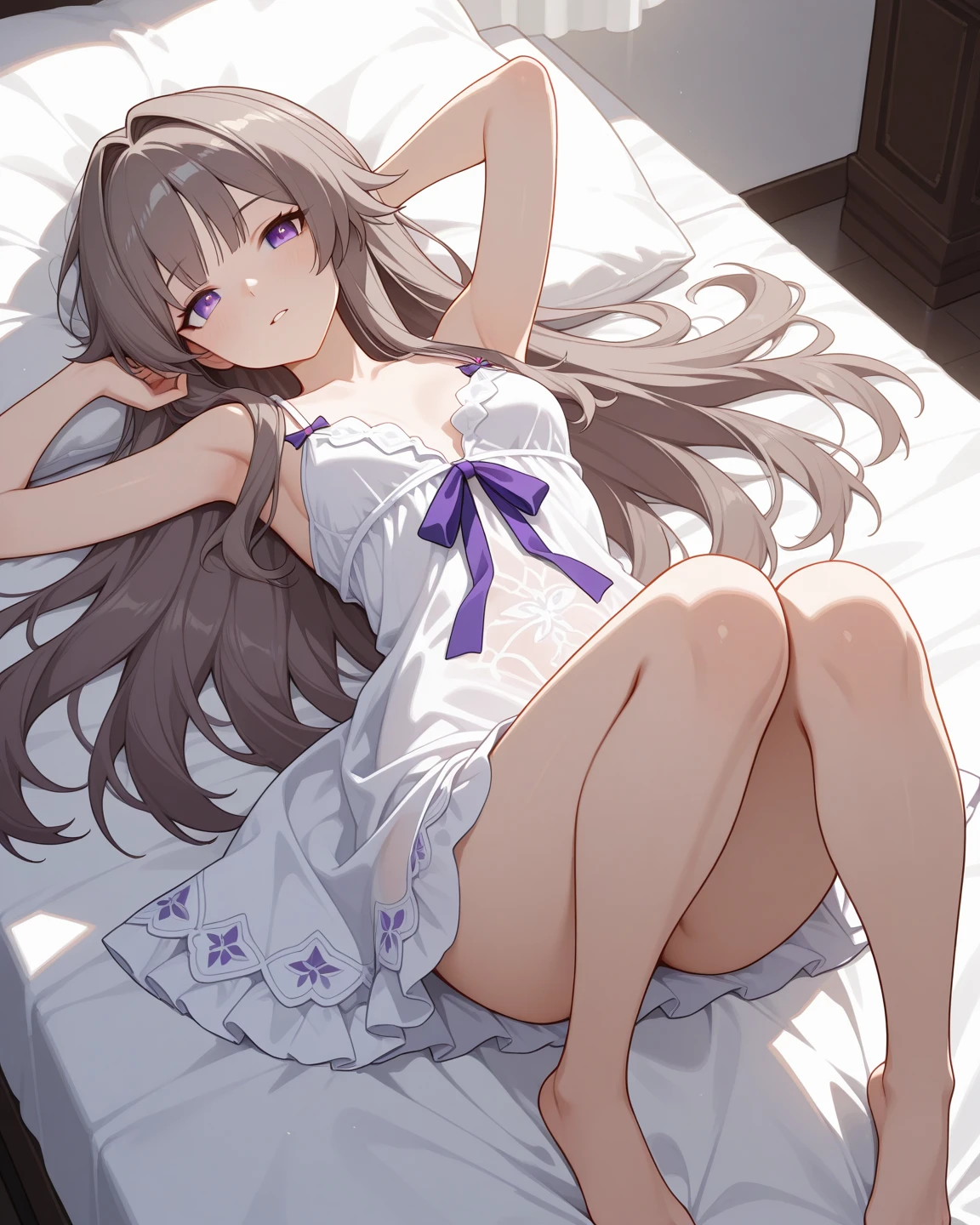 Himari Meimei, masterpiece, Voluptuous thighs, petit body, little young girl, flat chest, {1 Girl}, Cute and erotic smile, Highly detailed sparkling purple eyes, In summer beach, nudist beach, 困り眉, open legs, legs up, silver grey hair, lying on beach bed